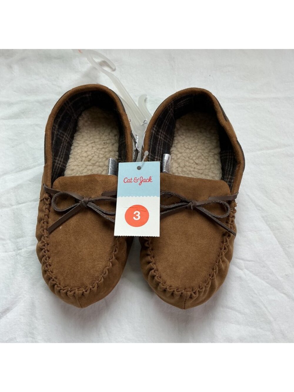 Cat & Jack Kids Brown Moccasin Slippers With Faux Fur Lining & Bow Size 3